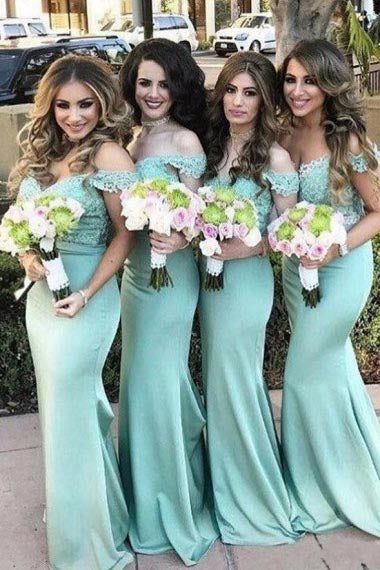Mermaid Off-the-Shoulder Sweep Train Green Satin Bridesmaid Dress with Lace AHC651 | ballgownbridal