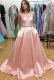 A-Line Sweetheart Sweep Train Pink Satin Sleeveless Prom Dress with Beading Pockets LR390 | ballgownbridal