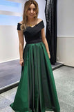 A-Line Off-the-Shoulder Sweep Train Dark Green Satin Prom Dress with Pleats LR247