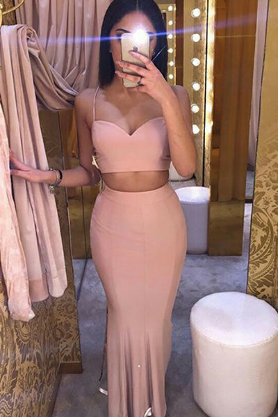 Two Piece Spaghetti Straps Criss-Cross Straps Blush Stretch Satin Prom Dress LR386