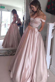 A-Line Off-the-Shoulder Floor-Length Pearl Pink Prom Dress with Beading Pockets PDA253 | ballgownbridal
