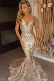 Golden Trumpet Court Train Deep V Neck Sleeveless Sparkle Long Prom Dress  AHC551