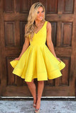A Line Deep V Neck Knee Length Sleeveless Yellow Satin Homecoming Dress PDA052 | ballgownbridal