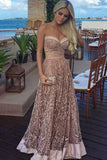 A-Line Sweetheart Floor-Length Champagne Lace Prom Dress with Beading PDA283 | ballgownbridal