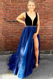 A-Line Deep V-Neck Sweep Train Split Royal Blue Lace Beaded Prom Dress AHC524