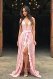 A-Line V-Neck Sweep Train Pink Lace Prom Dress with Split PDA354 | ballgownbridal