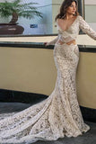 Mermaid Deep V-Neck Court Train Long Sleeves White Lace Beaded Wedding Dress  AHC558