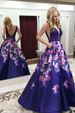 A-Line Deep V-Neck Sweep Train Royal Blue Printed Satin Backless Prom Dress with Beading LR116