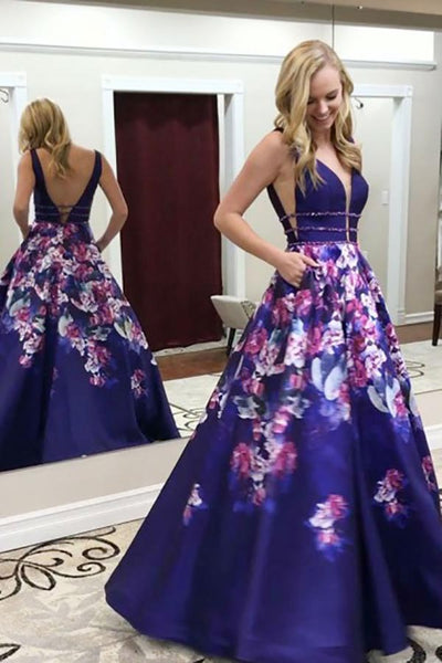A-Line Deep V-Neck Sweep Train Royal Blue Printed Satin Backless Prom Dress with Beading LR116