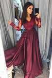 Burgundy A Line Brush Train V Neck Long Sleeve Lace Prom Dress AHC552