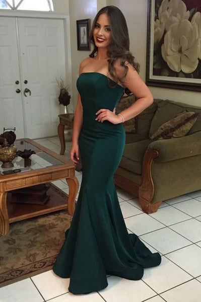 Mermaid Strapless Sweep Train Dark Green Elastic Satin Prom Dress PDA329 | ballgownbridal