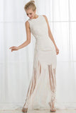 A-Line Jewel Floor-Length Ivory Satin Wedding Dress with Beading Tassel AHC579 | ballgownbridal