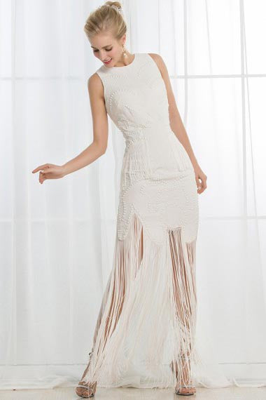 A-Line Jewel Floor-Length Ivory Satin Wedding Dress with Beading Tassel AHC579 | ballgownbridal