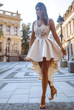 High Low Champagne Homecoming Dresses V Neck with Appliques PDA111 | ballgownbridal