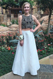 Two Piece Jewel Floor-Length White Satin Prom Dress with Beading PDA274 | ballgownbridal