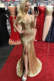 Gold Sequins Long V Neck Mermaid Evening Dress PDA512 | ballgownbridal
