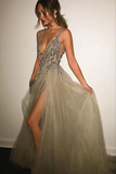 Grey Backless Deep V-neck Split Sweep Train Prom Dress with Beading LR12