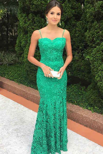 Mermaid Spaghetti Straps Floor-Length Green Lace Sleeveless Prom Dress LR458 | ballgownbridal