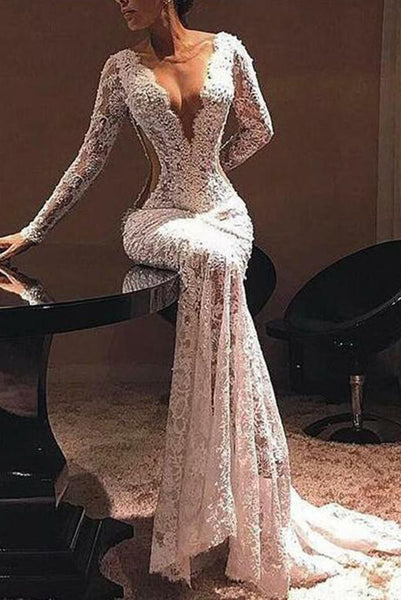 Sexy Mermaid White Prom Dresses Sleeve V Neck Evening Party Dresses PDA215 | ballgownbridal