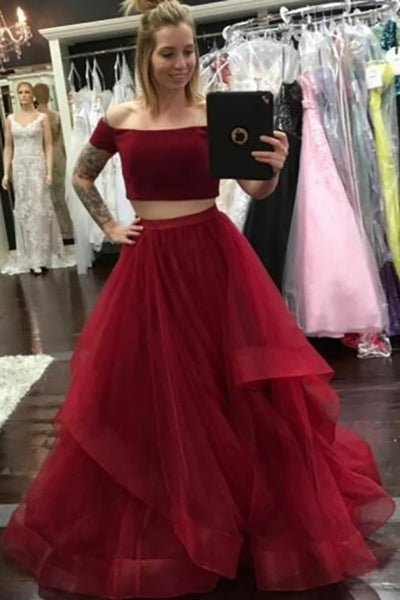 Two Piece Off-the-Shoulder Floor-Length Dark Red Tulle Sleeveless Prom Dress with Ruffles LR233