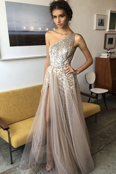 A-Line One-Shoulder Floor-Length Champagne Prom Dress with Beading Split PDA530 | ballgownbridal