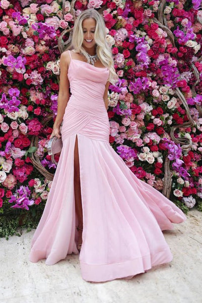 Mermaid Spaghetti Straps Floor-Length Pink Chiffon Prom Dress with Split Ruched PDA392 | ballgownbridal