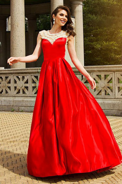 A-Line Jewel Sweep Train Red Satin Sleeveless Prom Dress with Beading LR190