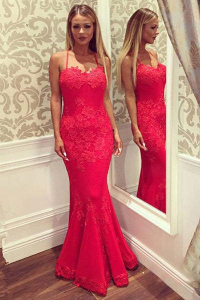 Mermaid Swewetheart Criss-Cross Straps Floor-Length Red Satin Prom Dress with Appliques LR211
