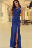 Mermaid Cross Neck Floor-Length Split Royal Blue Lace Open Back Prom Dress LR468