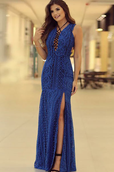 Mermaid Cross Neck Floor-Length Split Royal Blue Lace Open Back Prom Dress LR468