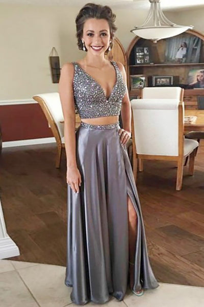 Two Piece Deep V-Neck Floor-Length Split Grey Satin Prom Dress with Beading LR401 | ballgownbridal