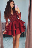 Short Homecoming Dresses Long Sleeves Burgundy Satin with Appliques PDA008 | ballgownbridal