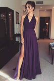 A-Line Halter Floor-Length Split Side Purple Chiffon Sleeveless Prom Dress AHC508