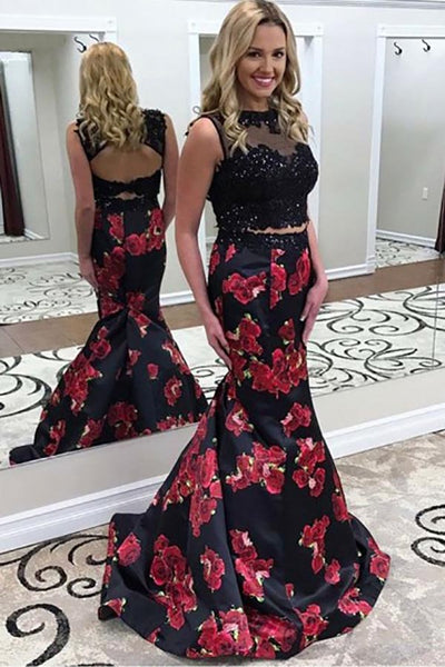 Two Piece Jewel Sweep Train Black Printed Satin Open Back Prom Dress with Appliques LR103