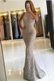 Mermaid High Neck Detachable Train Champagne Lace Sleeveless Prom Dress LR177