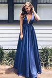 A-Line Deep V-Neck Sweep Train Royal Blue Chiffon Backless Prom Dress LR288