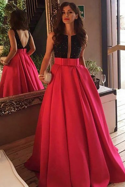 A-Line Crew Sweep Train Red Satin Backless Prom Dress with Bowknot Pockets LR365 | ballgownbridal