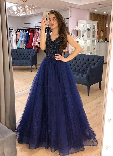 Blue Tulle V Neck Long A Line Beaded Prom Dress PDA519 | ballgownbridal