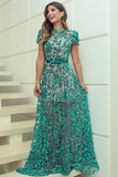 A-Line Bateau Sweep Train Short Sleeves Dark Green Lace Prom Dress with Belt LR484