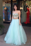 Two Piece Spaghetti Floor-Length Mint Prom Dress with Beading LR43