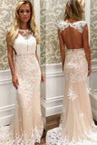 Mermaid Jewel Sweep Train Open Back Cut Out Champagne Tulle Prom Dress with Appliques LR388