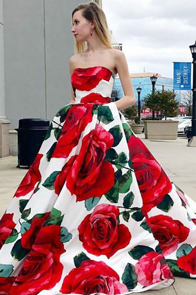 A-Line Sweetheart Sweep Train White Printed Satin Prom Dress with Pockets LR130