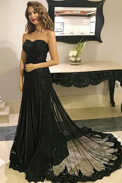 A-Line Sweetheart Sweep Train Black Tulle Prom Dress with Appliques Beading LR258