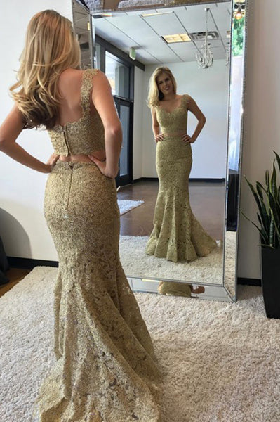 Two Piece Mermaid V-Neck Sweep Train Gold Lace Prom Party Dress PDA336