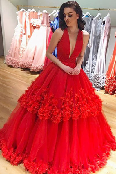 A-Line Deep V-Neck Red Tulle Sleeveless Prom Dress with Flowers Ruffles LR259