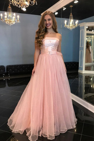 A-Line Strapless Floor-Length Pink Tulle Prom Party Dress with Belt PDA358 | ballgownbridal