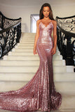 Mermaid V-Neck Sweep Train Rose Pink Sequined Prom Dress with Lace PDA462 | ballgownbridal