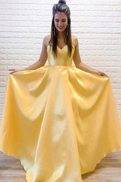 Bright Yellow Satin Dress Spaghetti Straps Long Dress PDA484 | ballgownbridal