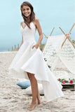 Simple White V-Neck Sleeveless Spaghetti Straps High Low Beach Wedding Dress with Pockets AHC566 