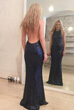 Mermaid Jewel Floor-Length Sleeveless Backless Navy Blue Sequined Prom Dress AHC662 | ballgownbridal